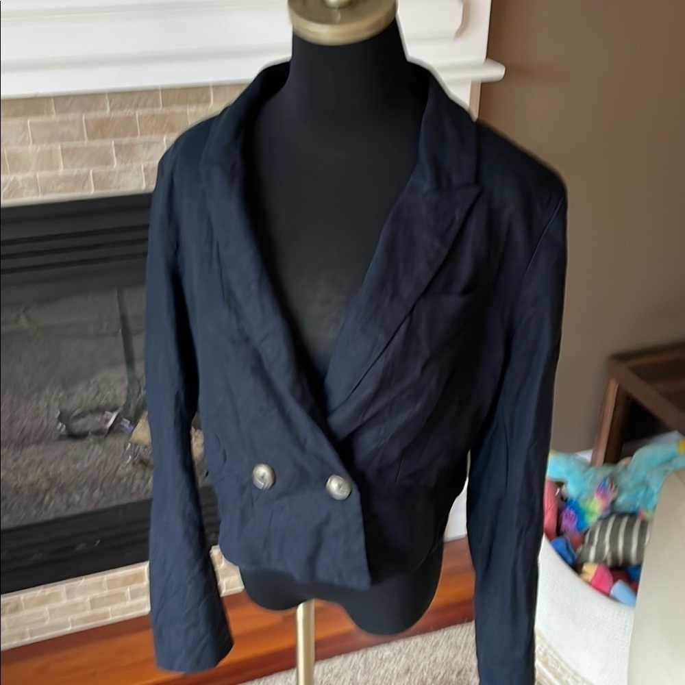 Jason Wu Navy linen blend cropped Blazer size L - Picture 4 of 9
